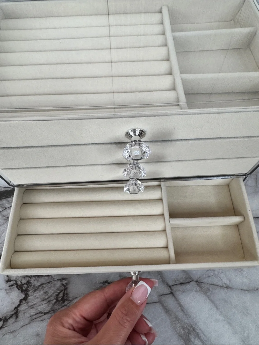 Acrylic Beige Velvet Jewelry Organizer with Crystal Knobs - 3 Drawer | Lot of 2